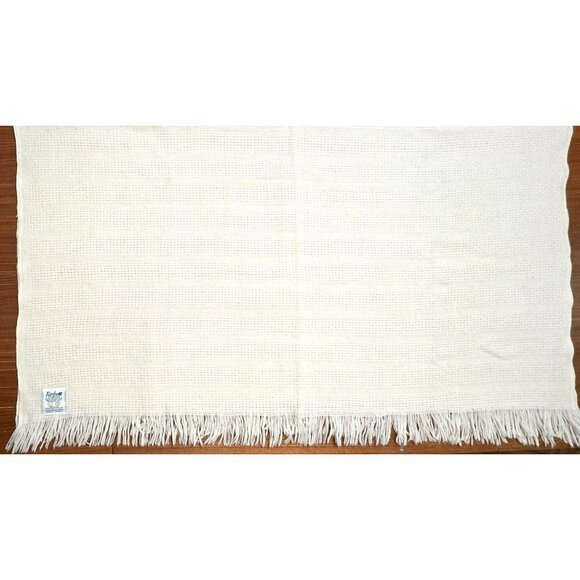 Vintage Faribault Woven Throw Blanket Faribo Fringe Cream Afghan Lap Wool 48x58 - Picture 3 of 7